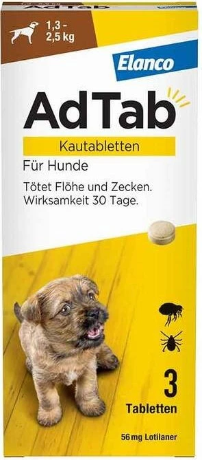 Elanco AdTab Hund 1.3-2.5kg Kautabletten gegen Zecken und Flöhe, 3 Stück