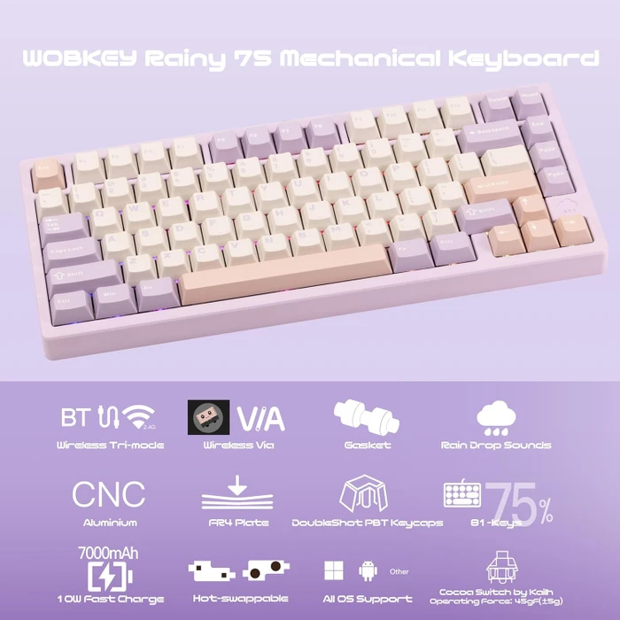 Wobkey Rainy 75 Pro, violett, LEDs RGB, Kailh Cocoa, USB/Bluetooth, US
