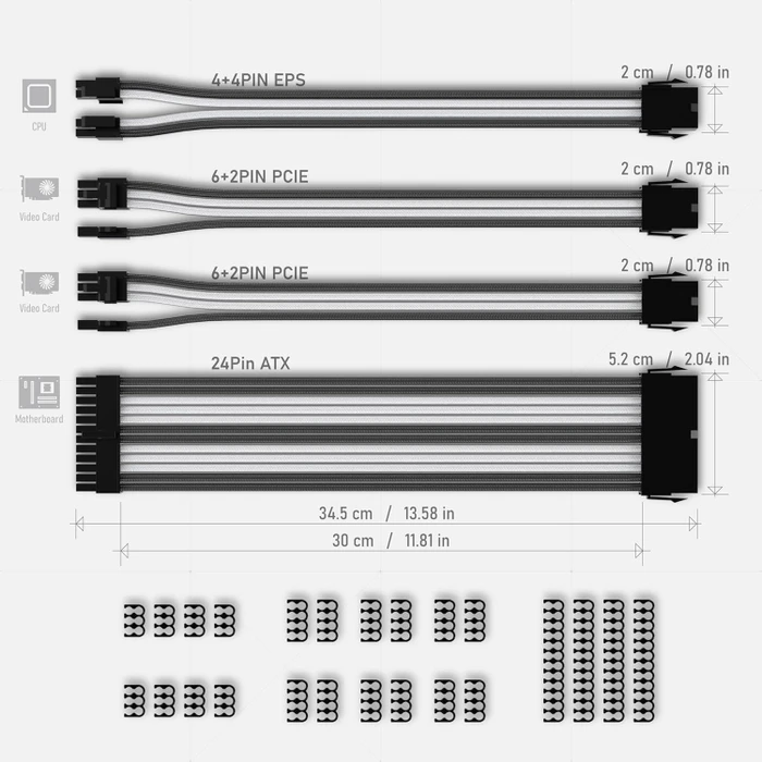 EZDIY-FAB Cable Extension Kit, 1x 24-Pin, 1x 4/8-Pin ATX, 2x 8-Pin PCIe, 18AWG, schwarz/weiß