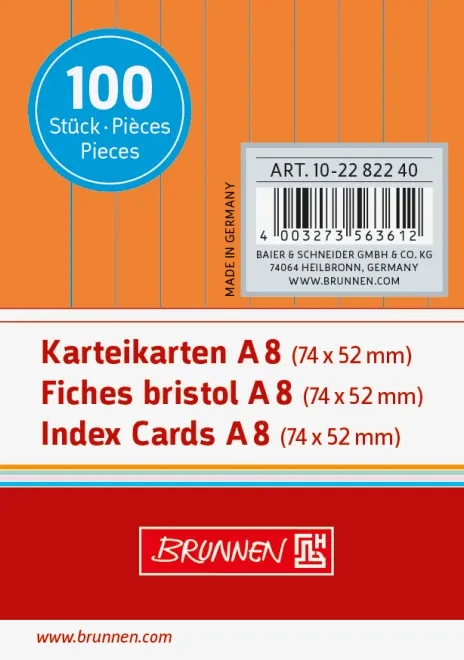 Brunnen Karteikarten, A8, liniert, orange, 100 Blatt