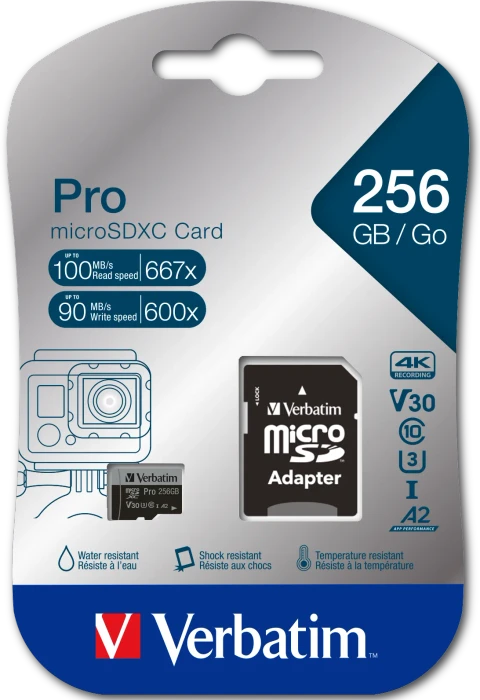 Verbatim Pro U3 R100/W90 256GB Kit, UHS-I U3, A2, Class 10