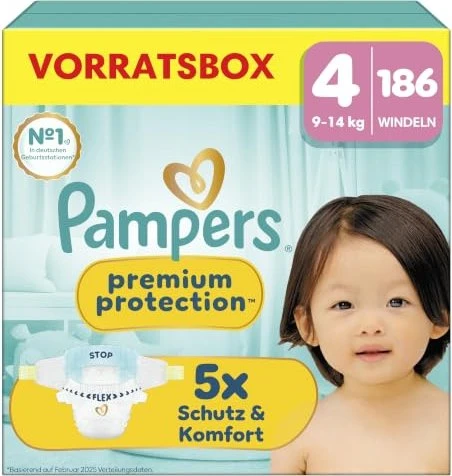 Pampers Premium Protection Gr.4 Einwegwindel, 9-14kg, 186 Stück