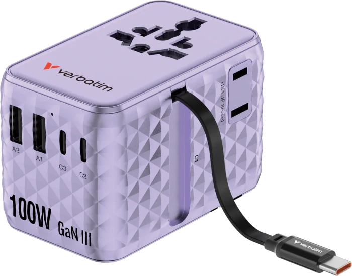 Verbatim Charge 'n' Travel GaN III Universal-Reiseadapter 100W violett
