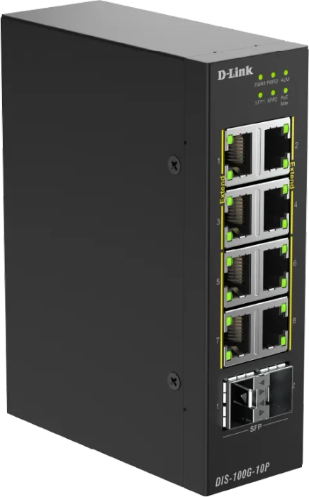 D-Link DIS-100G Industrial Railmount Gigabit Switch, 8x RJ-45, 2x SFP, 240W PoE+