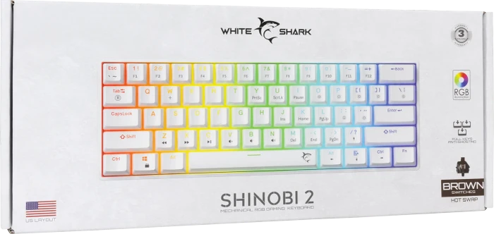 White Shark SHINOBI 2, weiß, LEDs RGB, hot-swap, RED Switches, USB, US