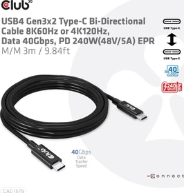 Club 3D USB4 Kabel, 40Gb/s, 240W PD EPR, USB-C Stecker auf USB-C Stecker, 3m, schwarz (CAC-1579)