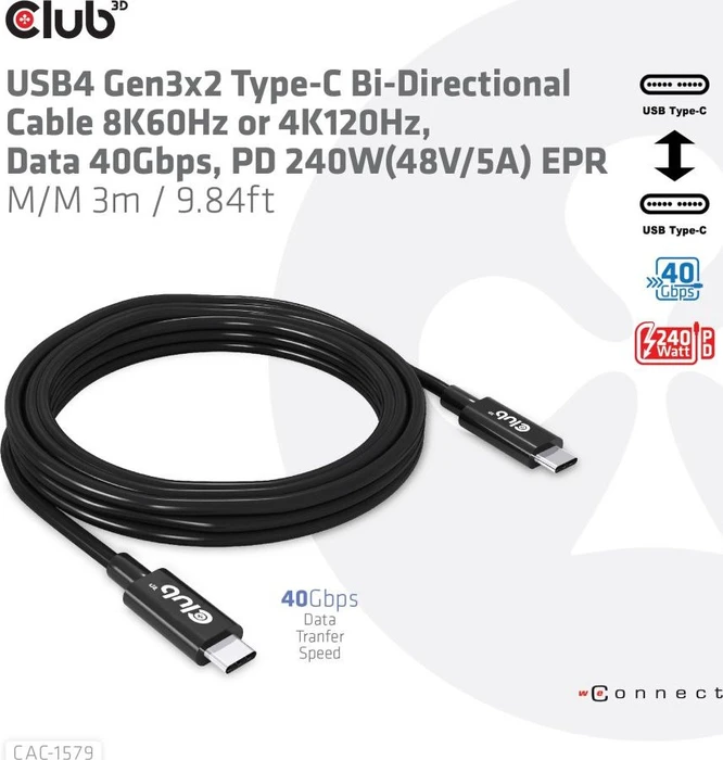 Club 3D USB4 Kabel, 40Gb/s, 240W PD EPR, USB-C Stecker auf USB-C Stecker, 3m, schwarz