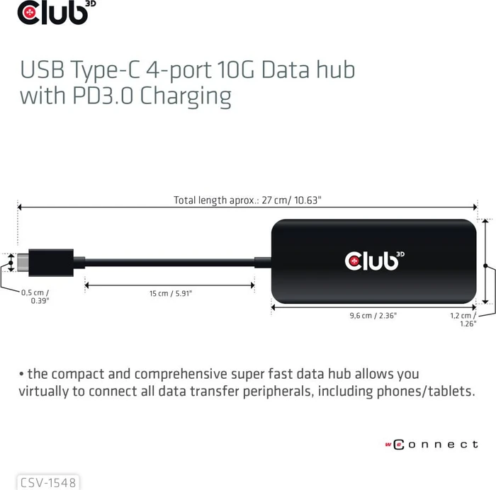 Club 3D 4-Port 10G Daten-Hub mit PD3.0 Ladefunktion, USB-C 3.1 [Stecker]