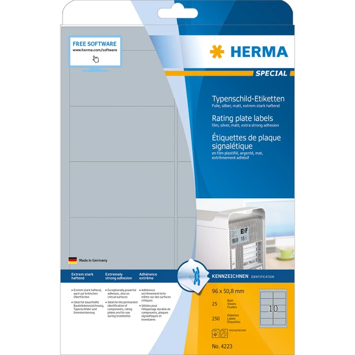 Herma Typenschildetiketten Special, 96x50.8mm, wetterfest, silber, matt, 25 Blatt (250 Etiketten)