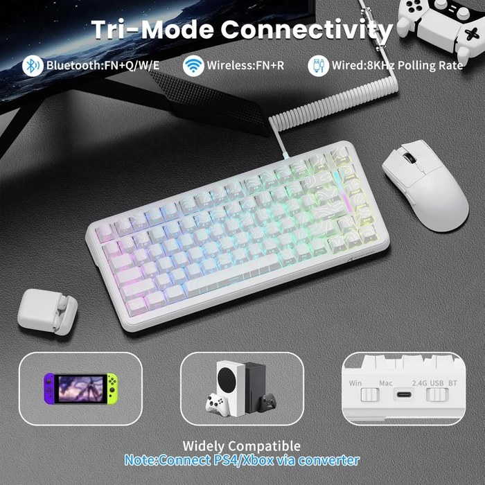 Attack Shark X82PRO HE Magnetic 75% inkl. Spiralkabel, weiß mit Kontur, LEDs RGB, Outemu White Jade Magnetic, USB/Bluetooth, US
