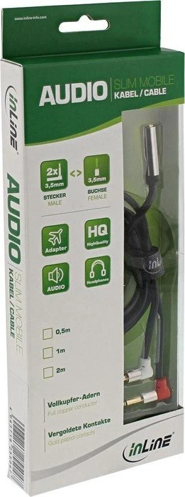 InLine Klinken Adapter, 2x 3.5mm Stecker gewinkelt auf 1x 3.5mm Buchse, 1m, schwarz