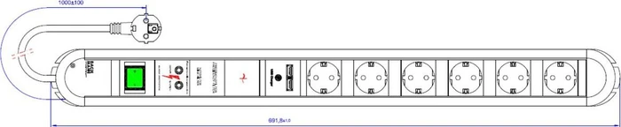 Bachmann Primo, 6-fach, Schalter, Überspannungsschutz, Netzfilter, 2x USB-A, 1.8m, schwarz/silber