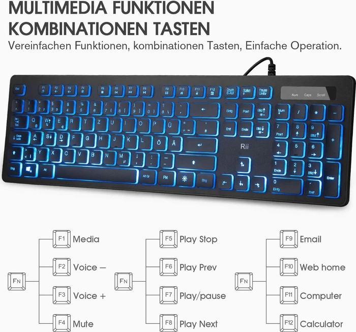 Riitek Rii RK105 Tastatur und Maus Set, USB, DE