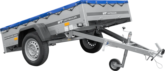 Unitrailer Garden Trailer 201 Kipp mit blauer Flachplane und Stützrad