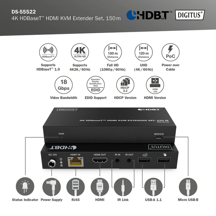 Digitus HDMI KVM Extender Set Extender HDBaseT 1.0, 4K, 60Hz, Cat6a/7/8, 120m