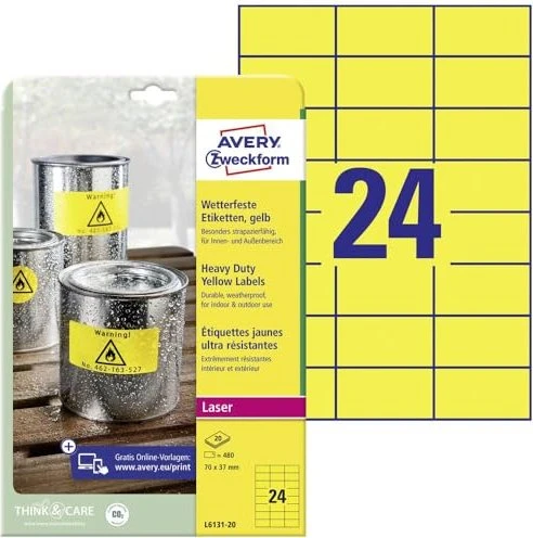 Avery-Zweckform Folienetiketten, 70x37mm, wetterfest, gelb, 20 Blatt (480 Etiketten)