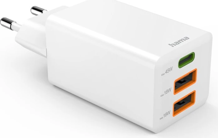 Hama GaN Schnellladegerät, USB-C/USB-A, 1x USB-C + 2x USB-A, 45W, weiß