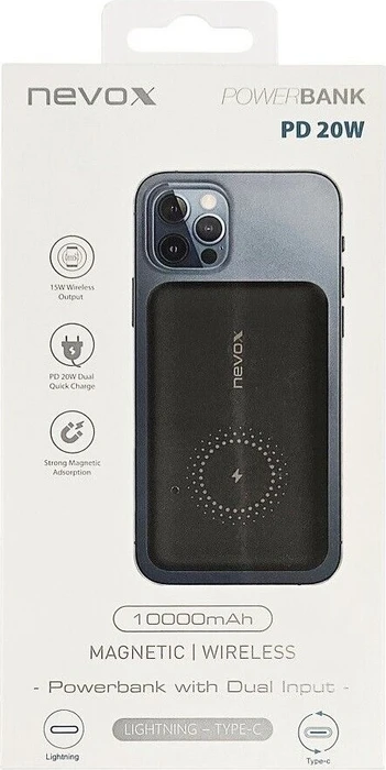 Nevox Wireless 15W Magnetic Powerbank 10000mah PD20W Dual Input schwarz
