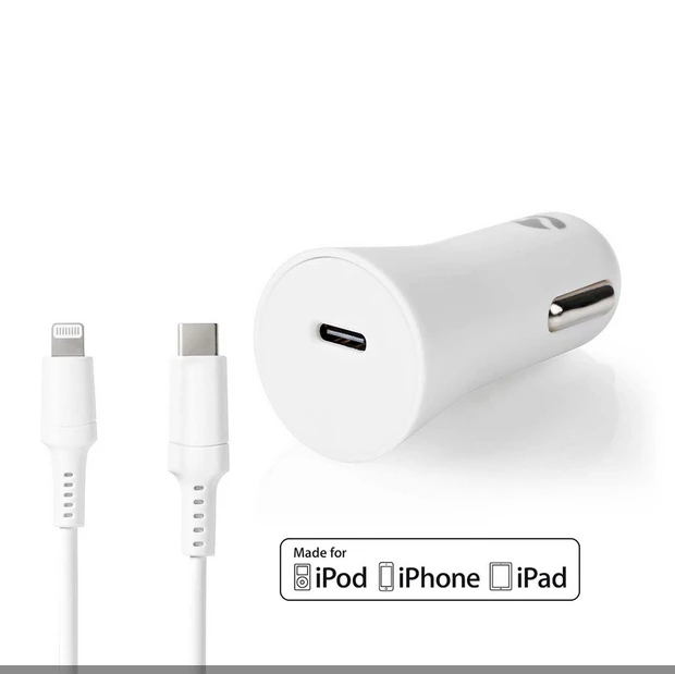 Nedis 20W USB-C Kfz-Schnellladegerät mit Power Delivery inkl. 1.0m Lightning-Kabel weiß