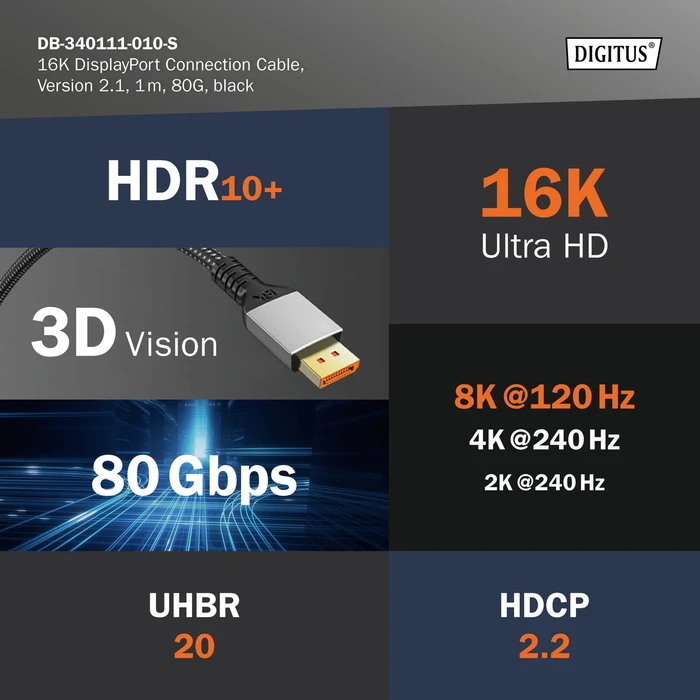 Digitus 16K DisplayPort Connection Cable DisplayPort 2.1 Kabel DP80 schwarz, 1m