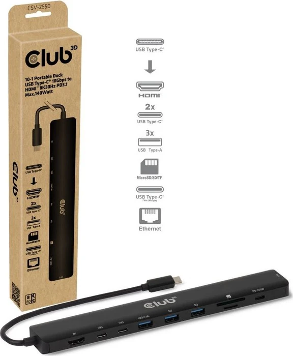 Club 3D 10-in-1 Hub USB Typ-C 140W, USB-C 3.1 [Buchse]
