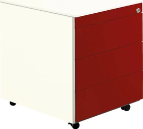 mauser Rollcontainer line, 570x600mm, 1x Utensilienauszug, 3x Materialschublade, reinweiß/rubinrot