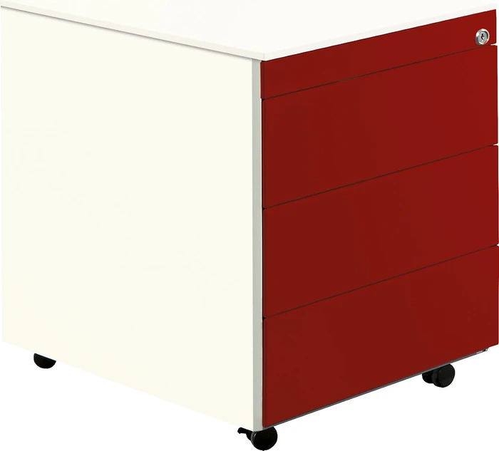 mauser Rollcontainer line, 570x600mm, 1x Utensilienauszug, 3x Materialschublade, reinweiß/rubinrot