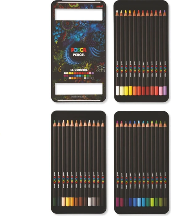 Uni-Ball POSCA Pencil KPE-200 Wachsmalstift sortiert, Metalletui, 36er-Set