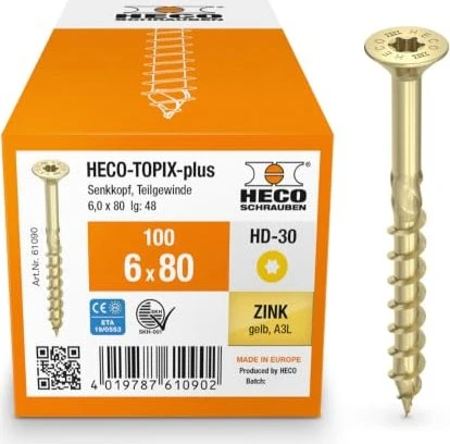 HECO TOPIX-plus verzinkt gelb A3L Torx T30 Holzschraube, 6x580mm, 100 Stück