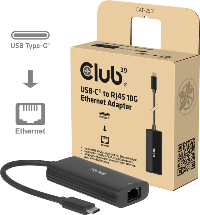 Club 3D 10G LAN-Adapter, RJ-45, USB-C 3.2 [Stecker]