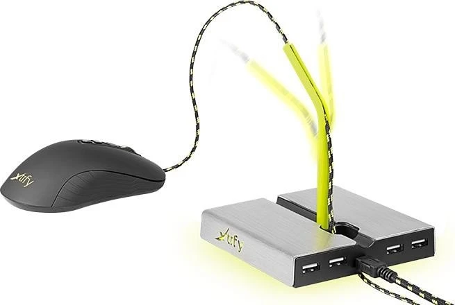 Xtrfy B1 Mouse Bungee mit 4-port USB Hub, Mauskabelhalterung, gelb/silber