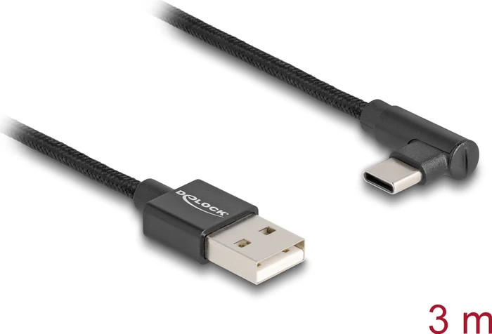 DeLOCK Adapterkabel, USB 2.0, 480Mb/s, USB-C [Stecker] auf USB-A [Stecker], gewinkelt, schwarz, 3m