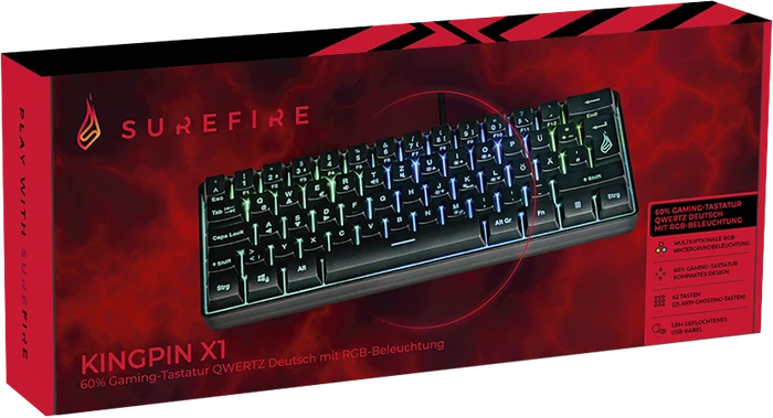 Verbatim SureFire KingPin X1 60% Gaming Keyboard, LEDs RGB, schwarz, USB, US