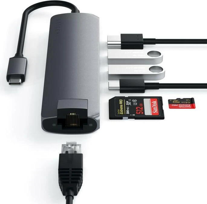 Satechi USB-C Slim Multi-Port with Ethernet Adapter, Space Gray, Dual-Slot-Cardreader, USB-C 3.0 [Stecker]