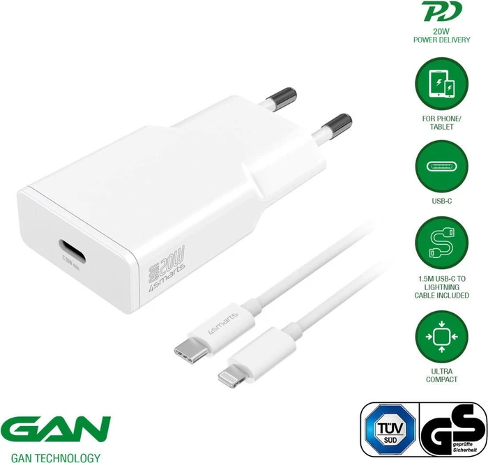 4smarts Netzladegerät PDPlug Slim 20W GaN 1C und USB-C auf Lightning Kabel 1.5m weiß