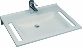Geberit Publica Waschtisch 70x55cm, eckiges Design, Hahnloch mittig, ohne Überlauf, mit Ausschnitten, weiß