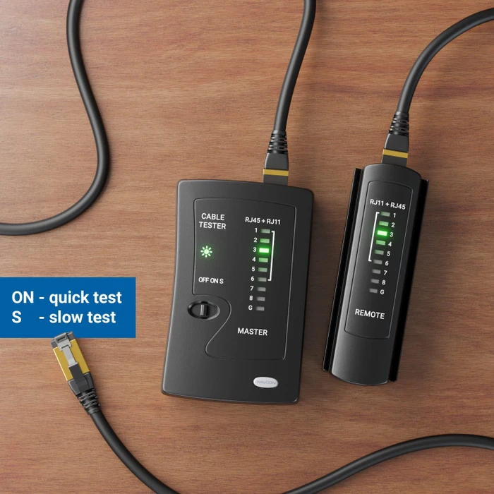 deleyCON Netzwerk-Kabeltester für RJ45/RJ12/RJ11, schwarz