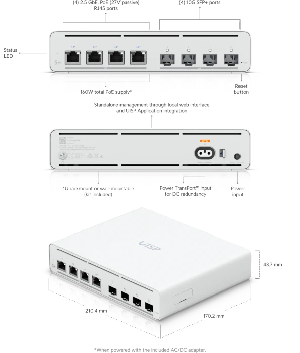 Ubiquiti UISP Switch Desktop 10G Managed Switch, 4x RJ-45, 4x SFP+, 160W passiv PoE