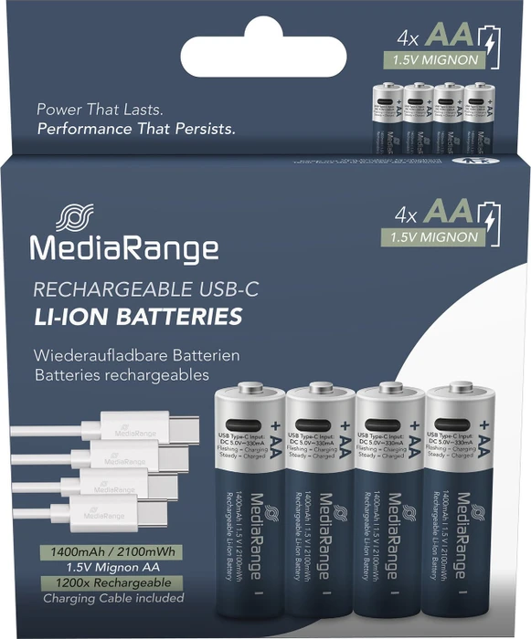MediaRange Rechargeable USB-C Mignon AA Li-Ion 1400mAh, 4er-Pack