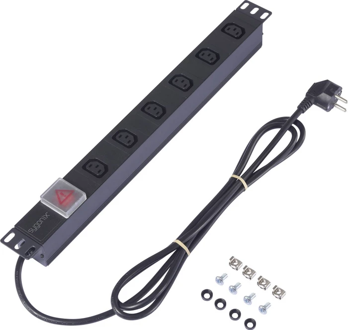 Sygonix 19" Aluminium Steckdosenleiste, 1HE, 6-fach, 230V, schwarz, 2m