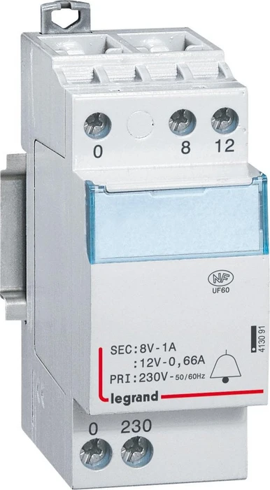 Legrand Klingeltransformator, Prim.230V AC, Sek.12/8V AC, Strom 0,66/1A, 8VA, 2TE