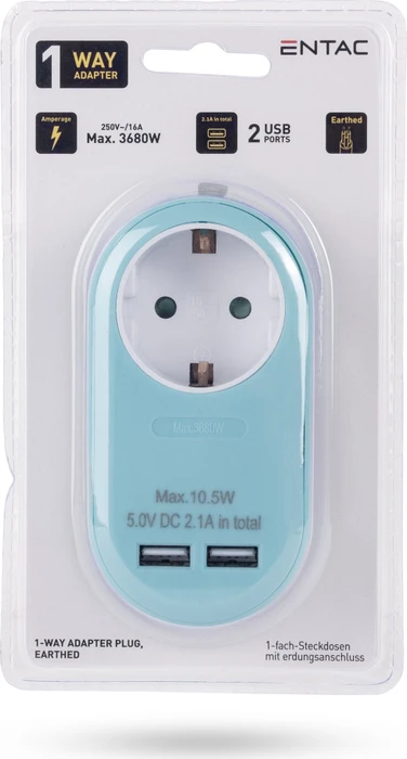 Entac Steckdosenadapter mit 2x USB-A, 1-fach, Blue