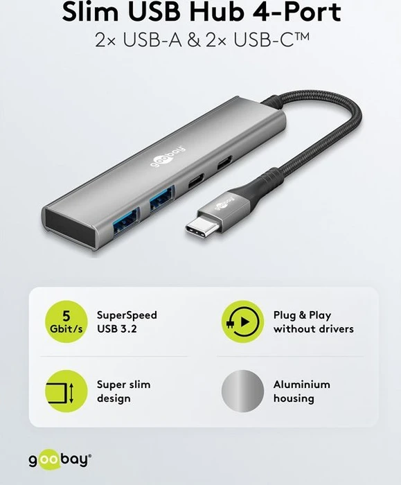 Wentronic goobay Slim 4-Port USB-Hub, 2x USB-C 3.0/2x USB-A 3.0, USB-C 3.0 [Stecker]