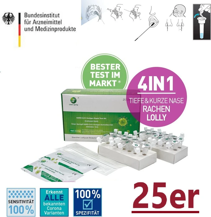 Shenzhen Lvshiyuan Green Spring SARS-CoV-2 4in1 Antigen Schnelltest, 25 Stück