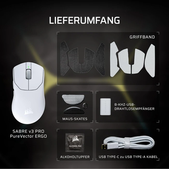 Corsair Sabre v3 Pro PureVector Ultralight Ergo Wireless, weiß, USB