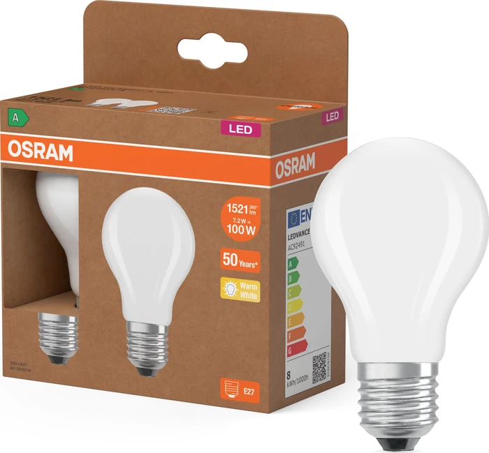 Osram Ledvance LED Classic A 100 Filament 7.2W/827 E27 Frosted, 2 Stück