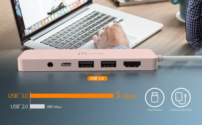j5create Eco-Friendly 7-in1 USB-C Multi-Port Hub with Power Delivery rosa, USB-C 3.0 [Stecker]