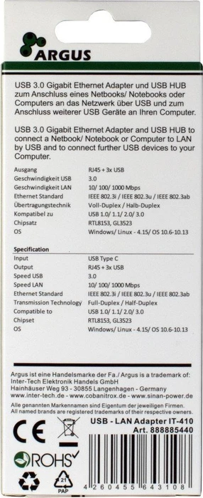 Inter-Tech Argus IT-410 schwarz, RJ-45, USB-C 3.0 [Stecker]