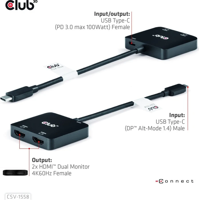 Club 3D USB-C [Stecker] auf 2x HDMI [Buchse], USB PD 100W