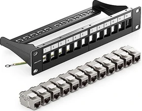 deleyCON Patchpanel für Keystone Module 10", 1HE, inkl. RJ-45 Cat7 Module, 12-Port, 10", 1HE